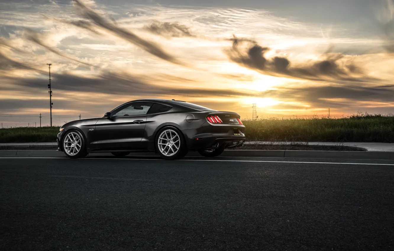 Photo wallpaper Mustang, Ford, Muscle, Car, Sunset, Wheels, Before, Rear