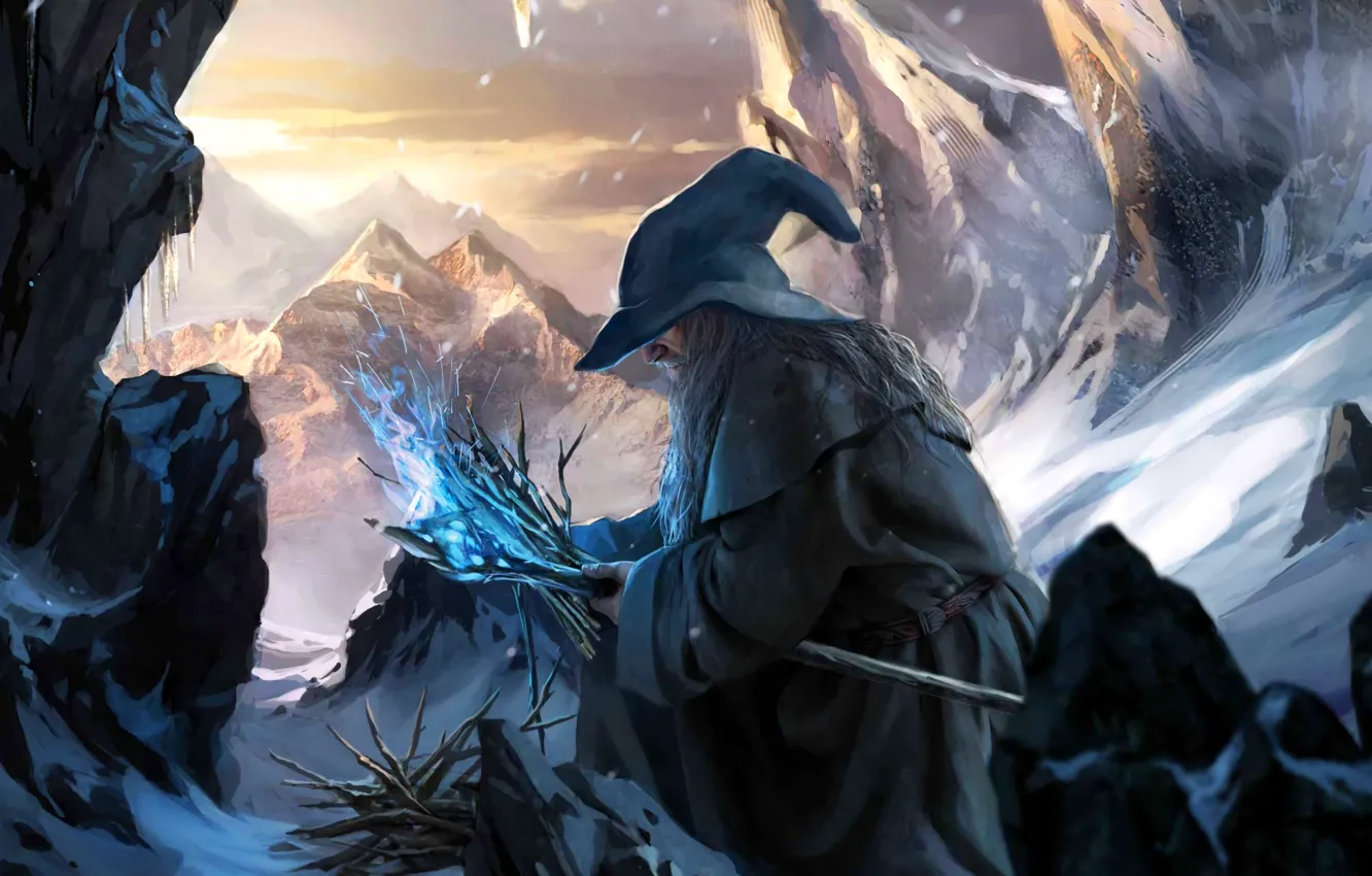 Photo wallpaper Mountains, Snow, Gandalf, Gandalf The Grey, Magic Stick