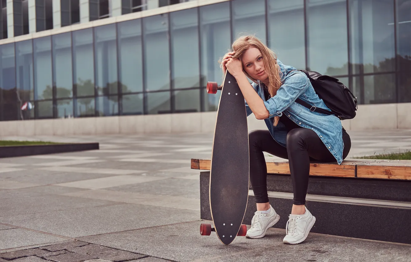 Photo wallpaper girl, woman, young, street, skateboard, sneakers