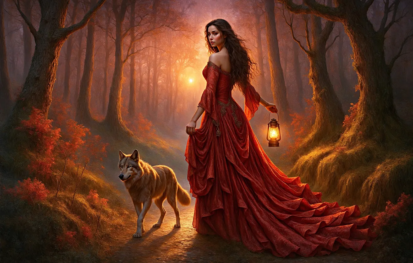 Photo wallpaper forest, girl, the sun, light, trees, sunset, branches, fog