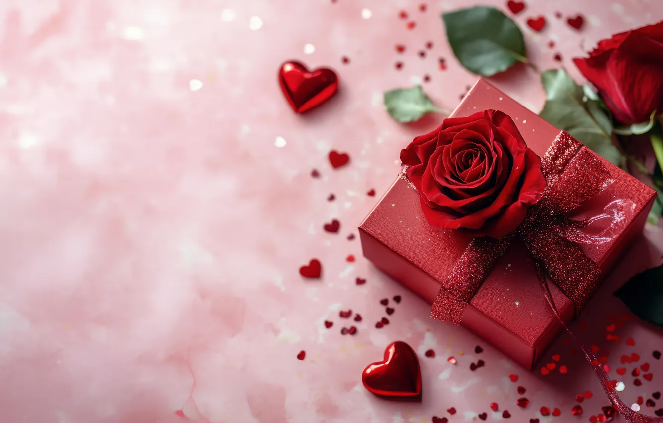 Photo wallpaper leaves, love, flowers, red, holiday, box, gift, heart