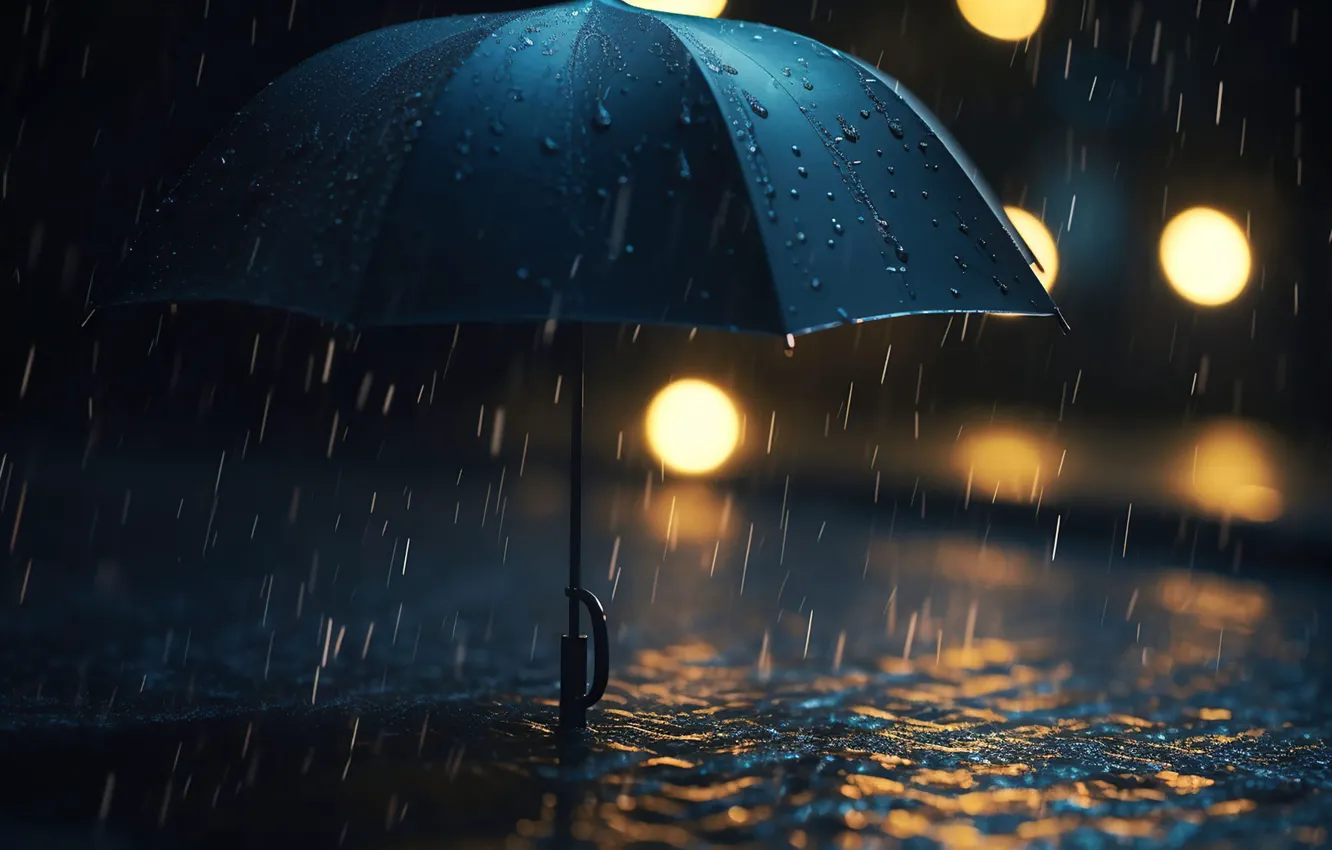 Photo wallpaper drops, light, night, lights, umbrella, rain, street, black