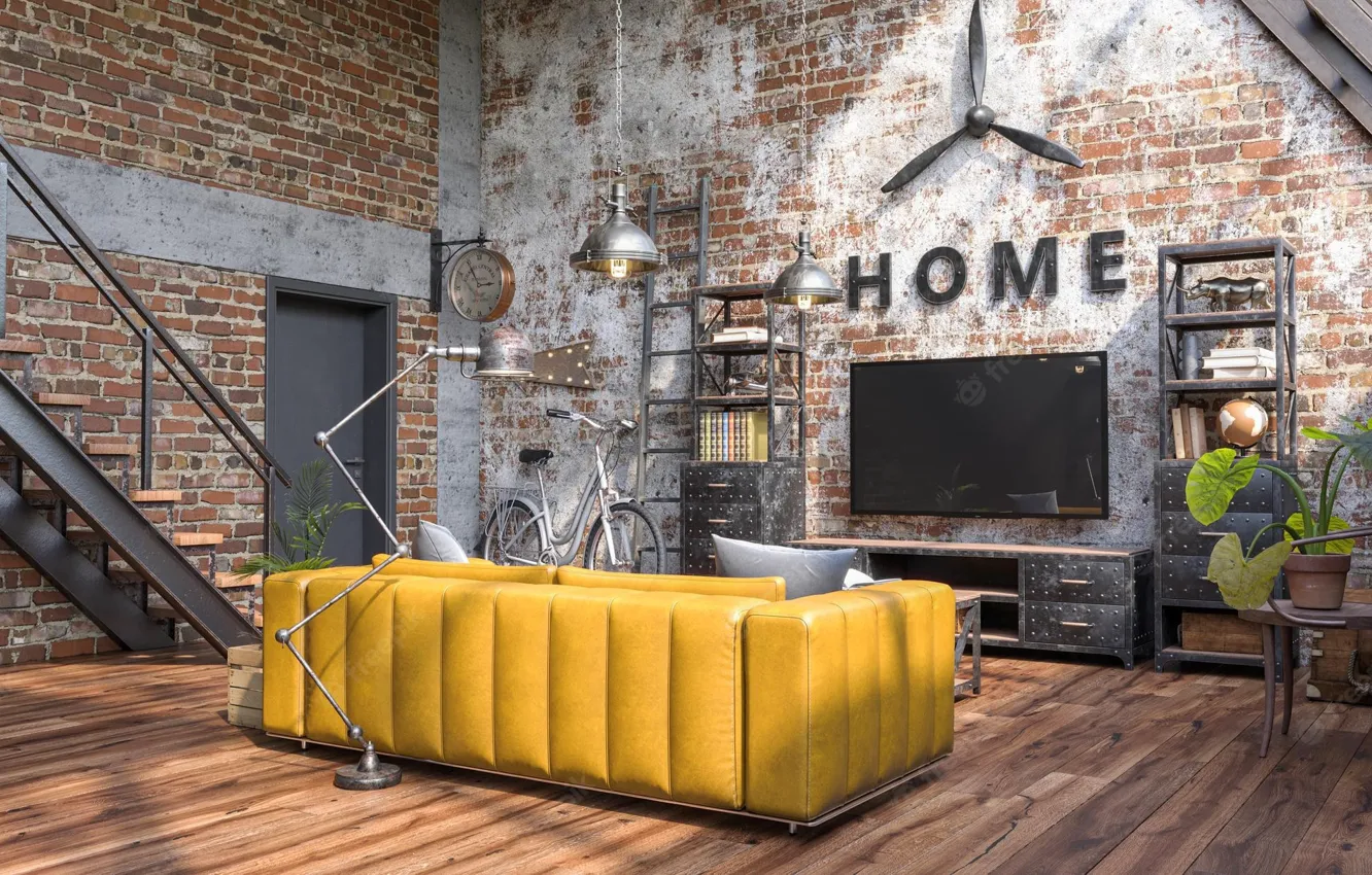 Photo wallpaper room, ladder, living room, design with grunge walls loft style, industrial-style interior, design with grunge …