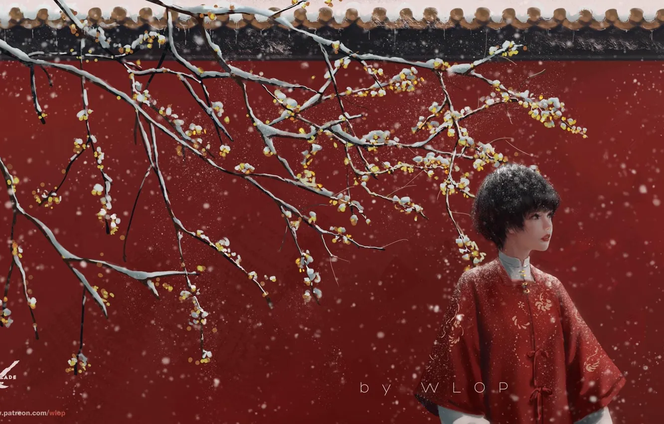 Photo wallpaper girl, snow, tree, WLOP, Jade (GhostBlade)
