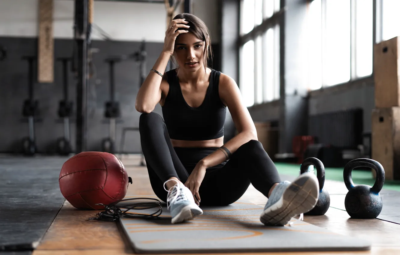 Photo wallpaper fitness, kettlebells, legging, sports saloon, activewear, sitting girl, resting girl