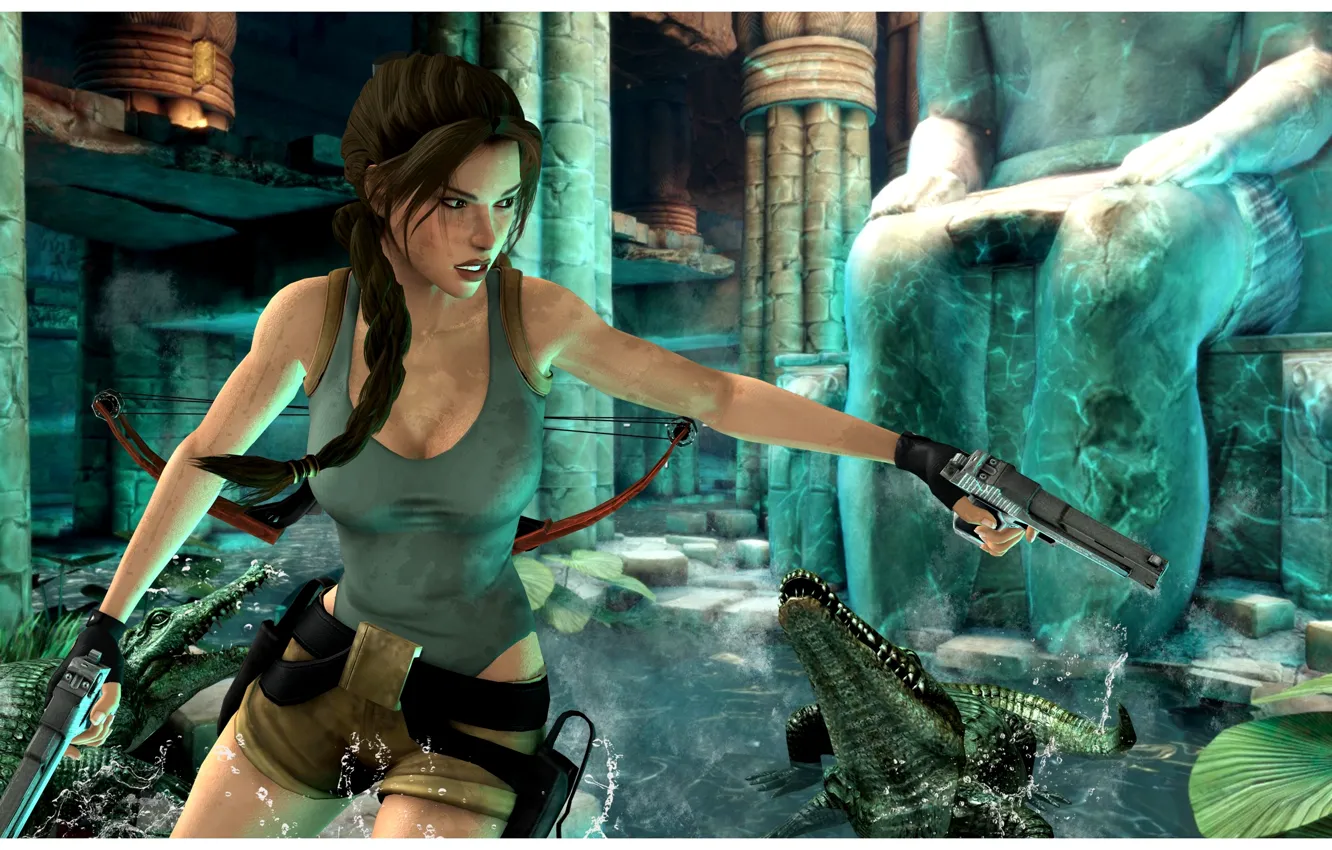Photo wallpaper girl, gun, crocodile, Tomb Raider, Lara Croft