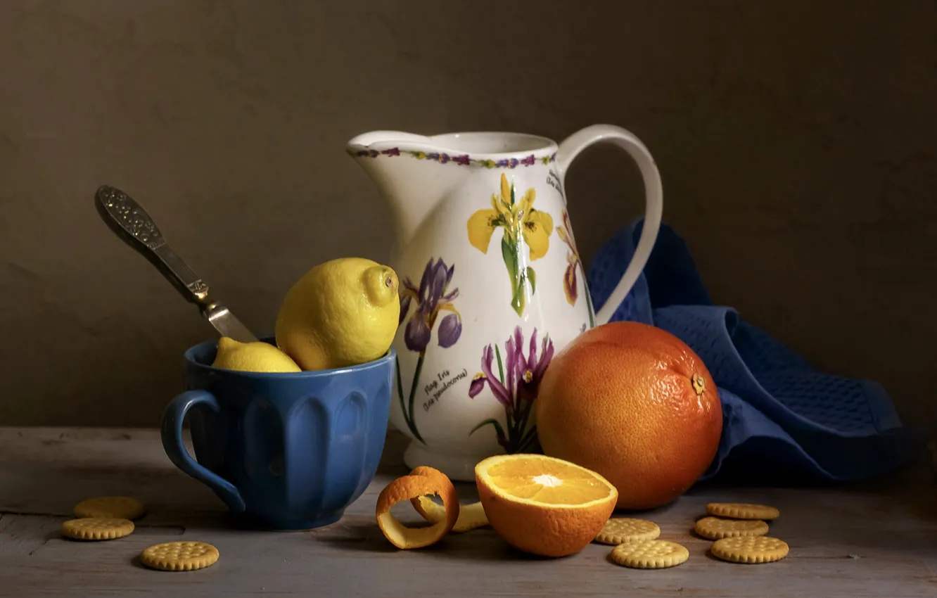 Photo wallpaper table, lemon, orange, towel, cookies, knife, mug, Cup