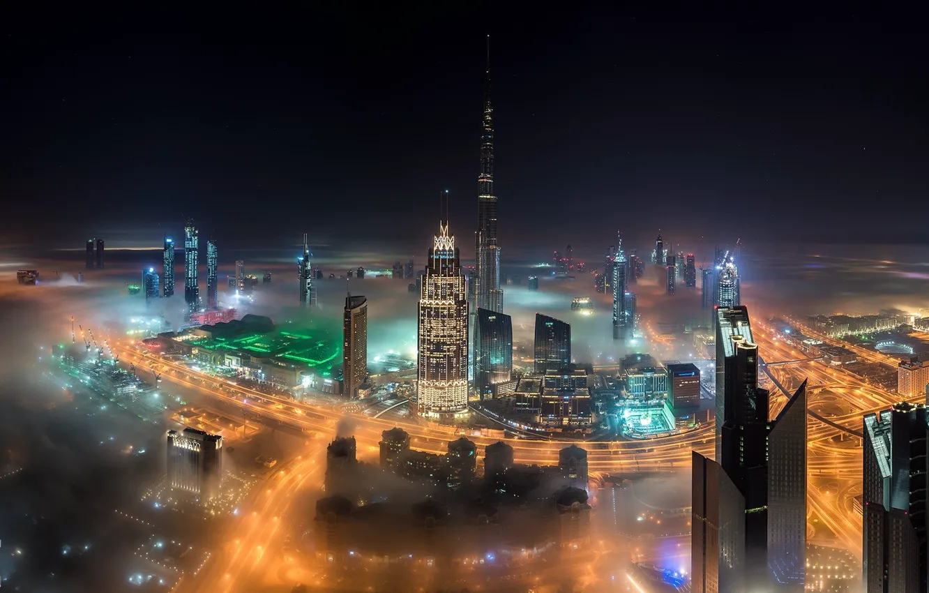 Photo wallpaper night, the city, lights, fog, Dubai, UAE