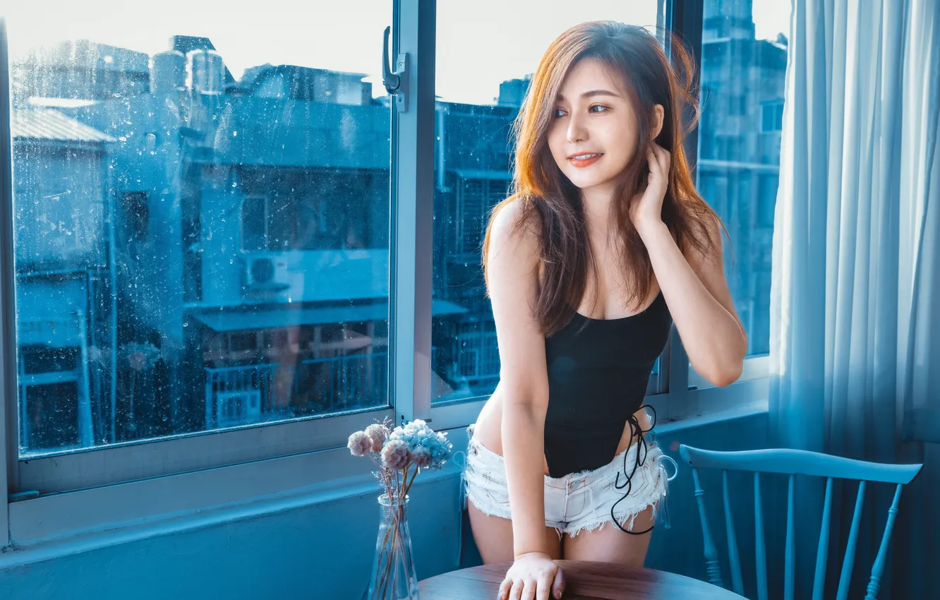 Photo wallpaper window, shorts, Asian