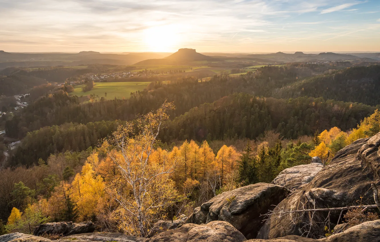 Photo wallpaper autumn, forest, the sky, the sun, clouds, light, trees, mountains