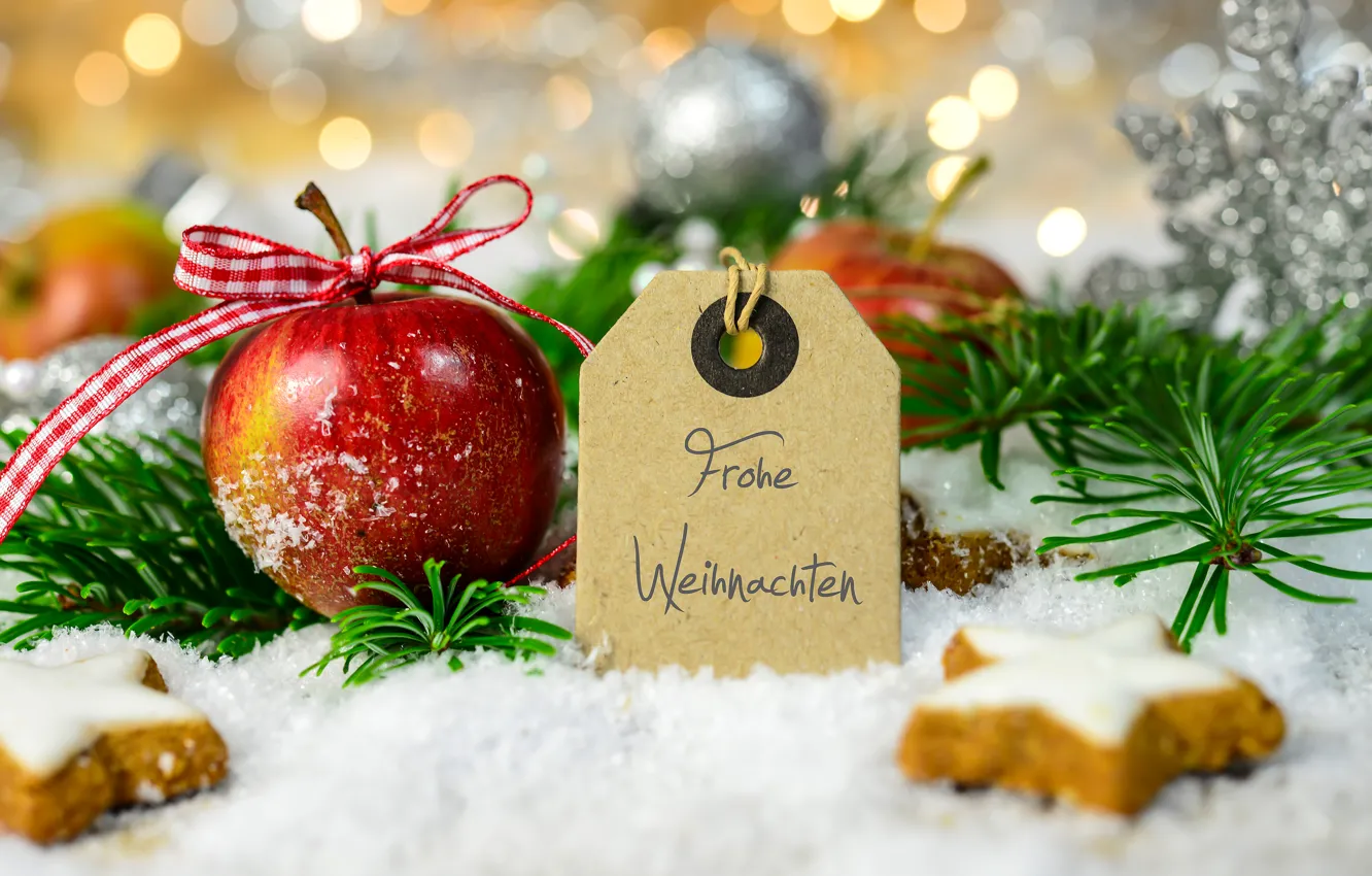 Photo wallpaper Snow, Branches, New year, Apples, Food, Holidays, Cookies, Cakes