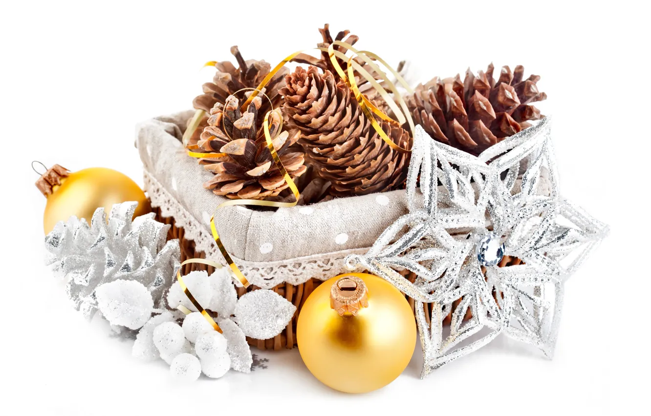 Photo wallpaper balls, decoration, snowflakes, holiday, balls, silver, the scenery, gold