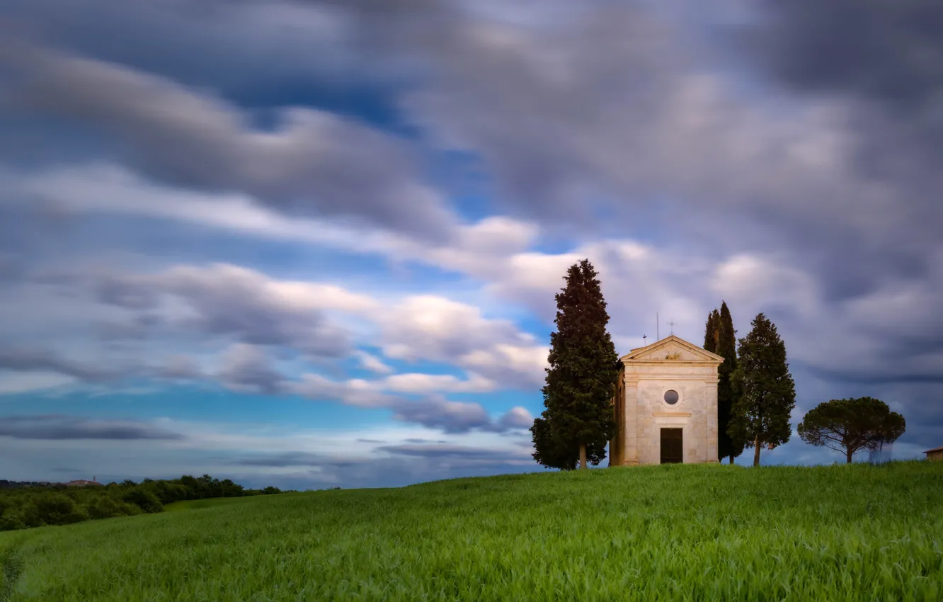 Photo wallpaper field, the sky, grass, clouds, trees, blue, hills, slope