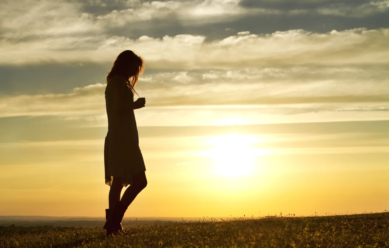 Photo wallpaper field, girl, the evening, walking alone at sunset