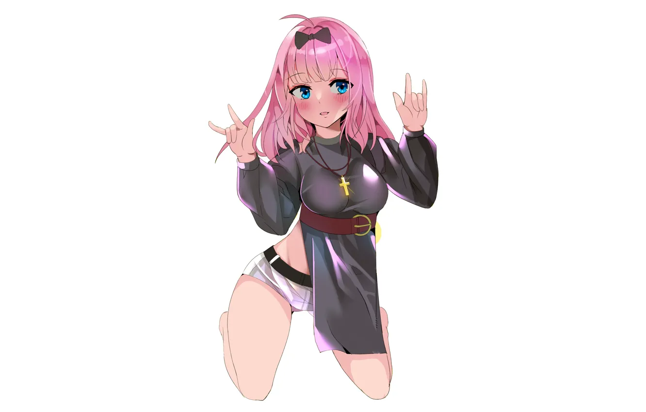 Photo wallpaper girl, shorts, pink hair, long hair, legs, boobs, anime, blue eyes