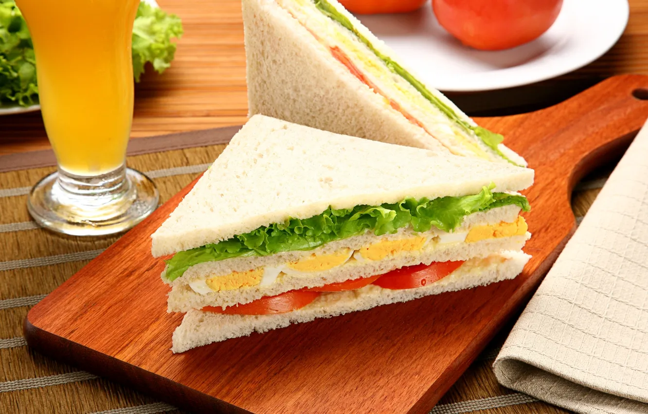 Photo wallpaper eggs, bread, tomatoes, salad, sandwiches, layer
