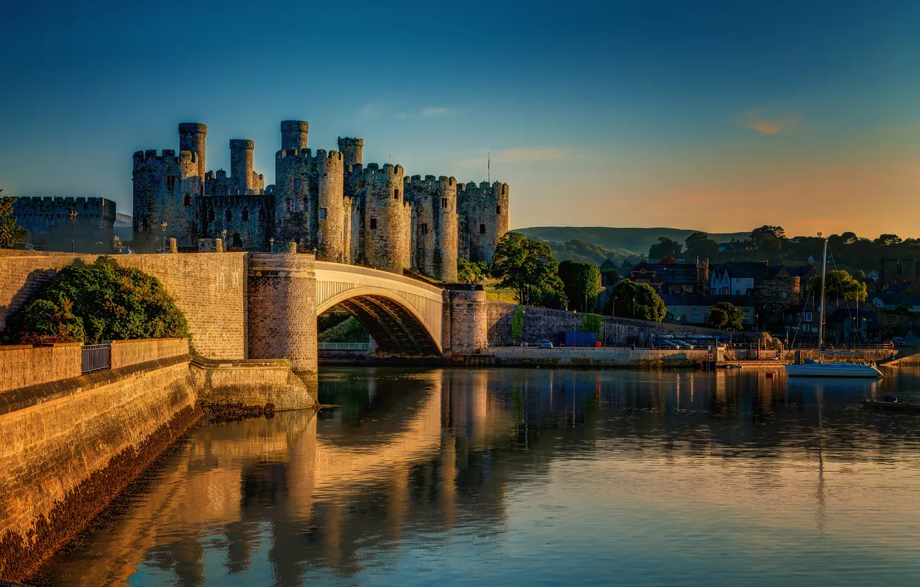 Photo wallpaper bridge, river, UK, tower, Conwy Castle, the County of Conwy