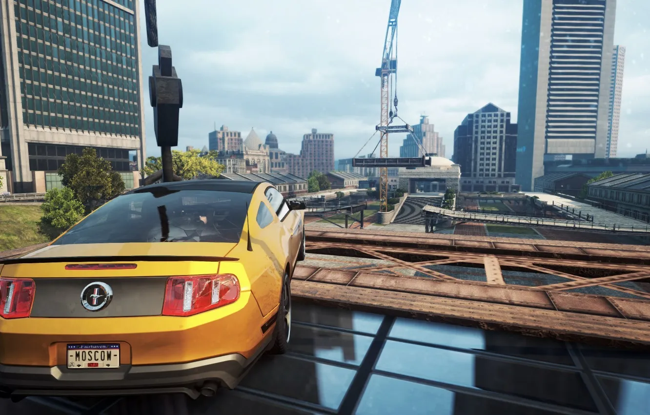 Photo wallpaper the city, construction, car, view, the trick, need for speed most wanted 2012, Ford Mustang …