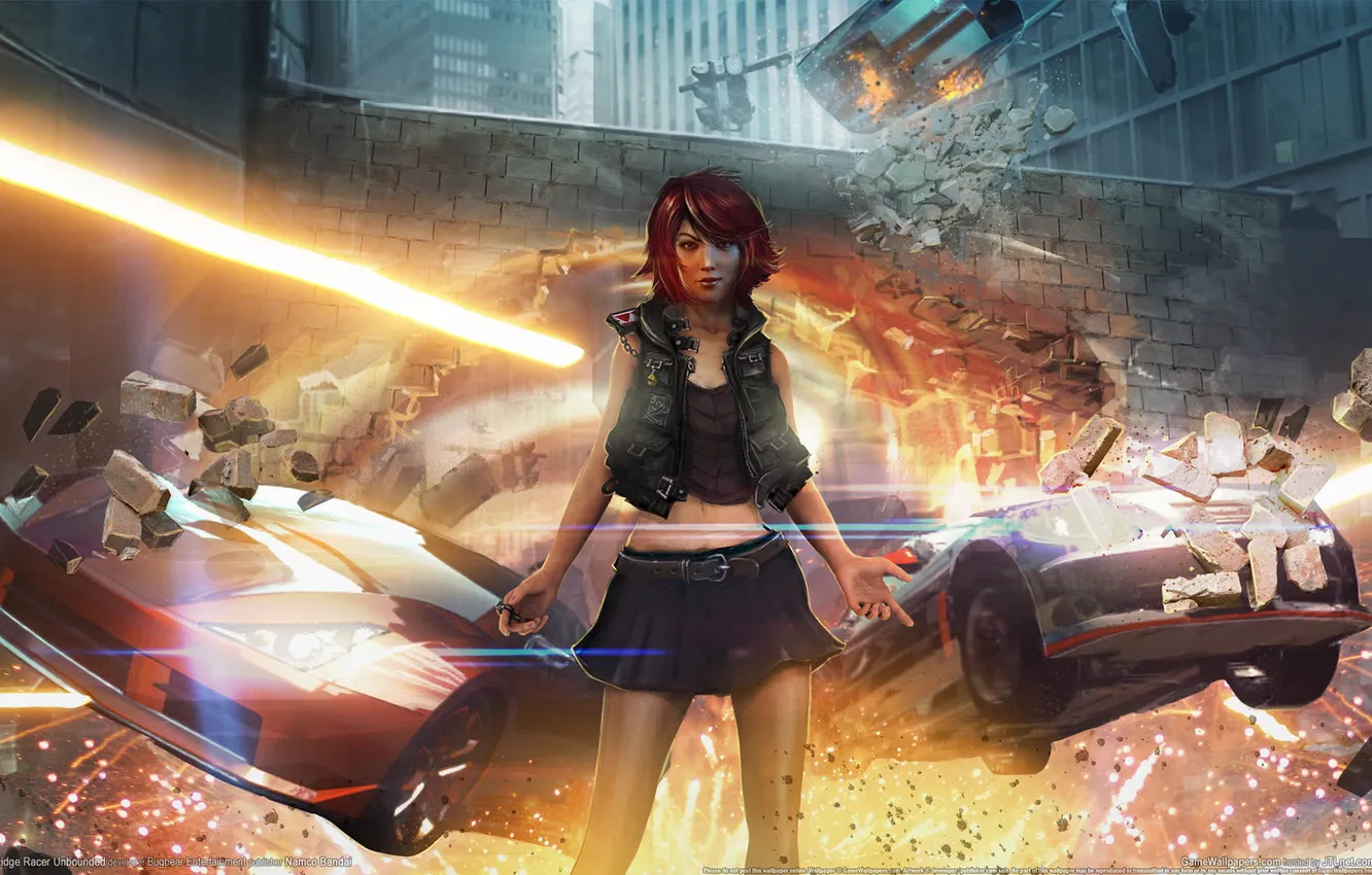 Photo wallpaper machine, girl, fragments, race, cars, girl, ruins, cars