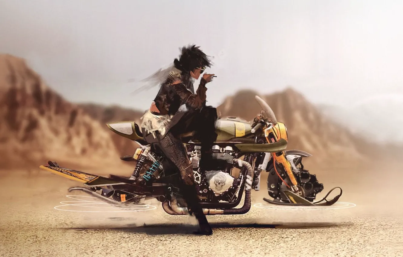 Photo wallpaper girl, game, desert, sand, brunette, motorbike, suna, sabaku