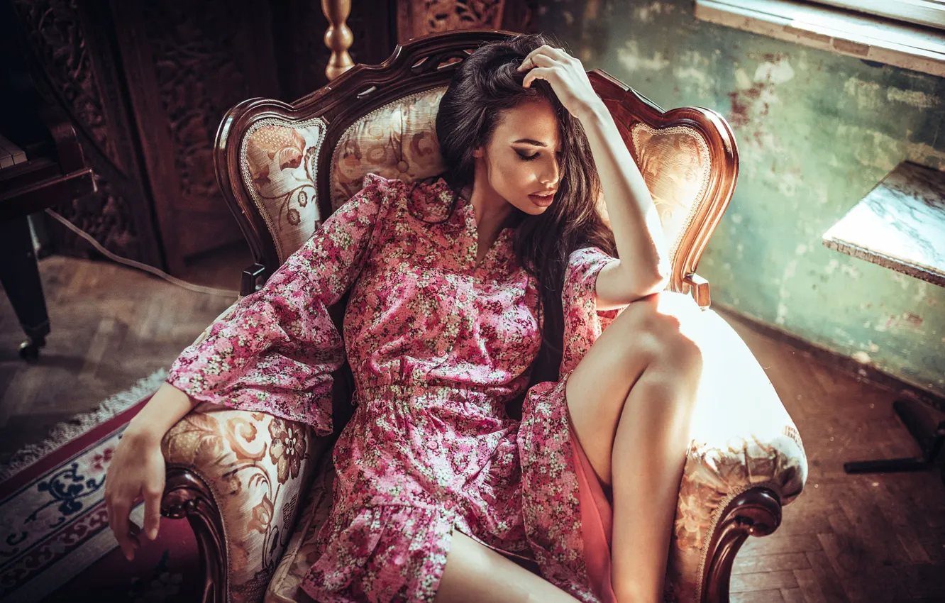 Photo wallpaper girl, pose, room, chair, dress, brunette, Borislav Georgiev