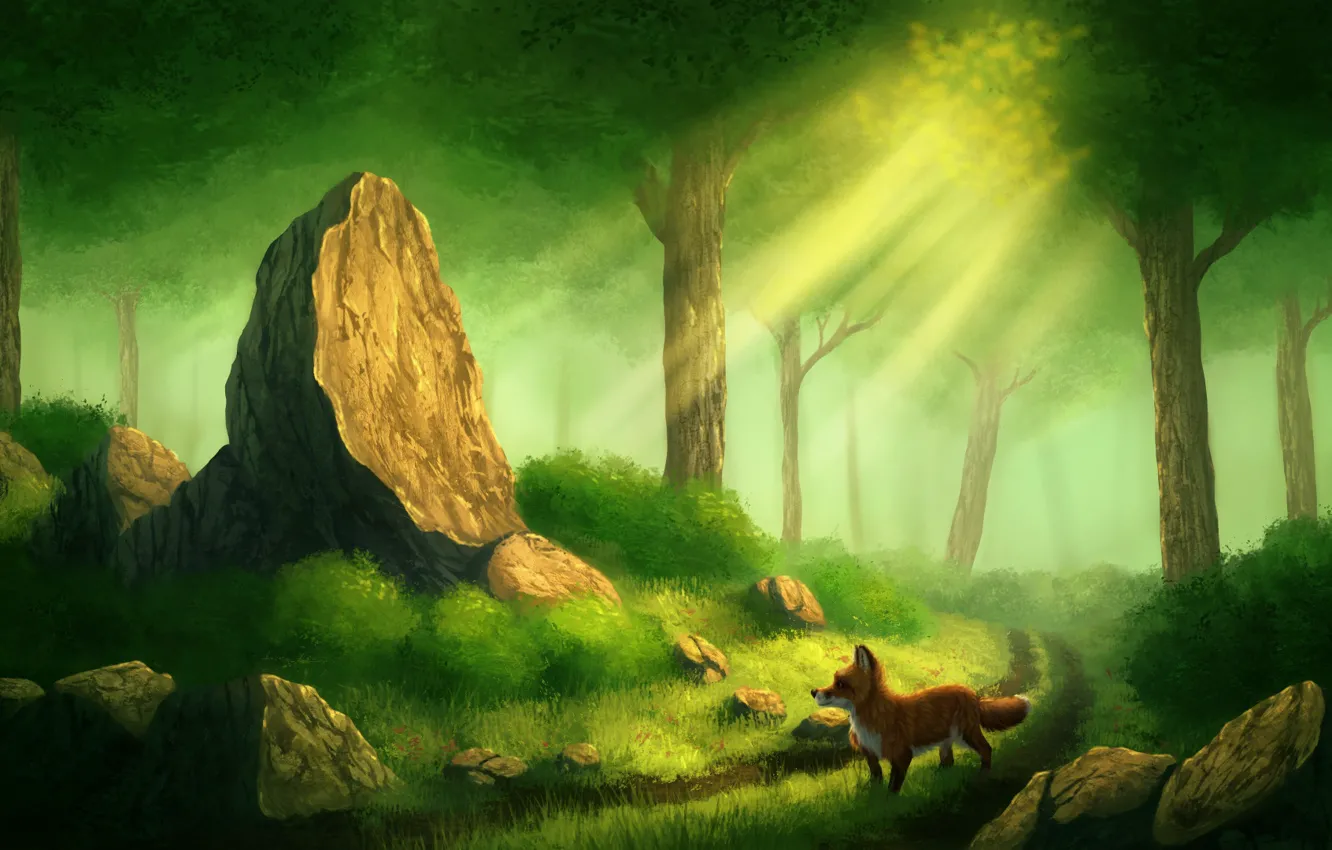 Photo wallpaper forest, the sun, stone, Fox, by CreeperMan0508