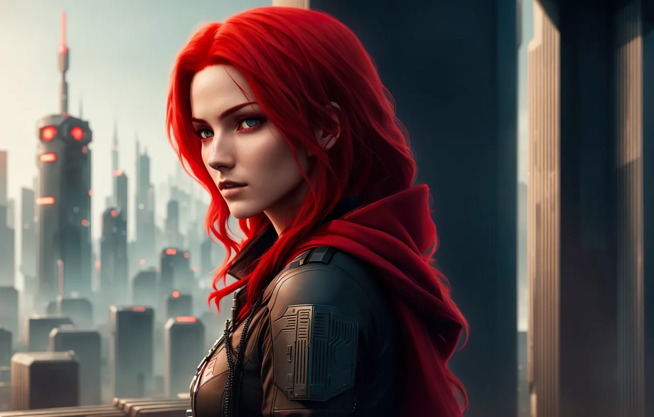 Photo wallpaper city, art, fantastic, Future, digital art, futuristic, Red hair, Cyberpunk