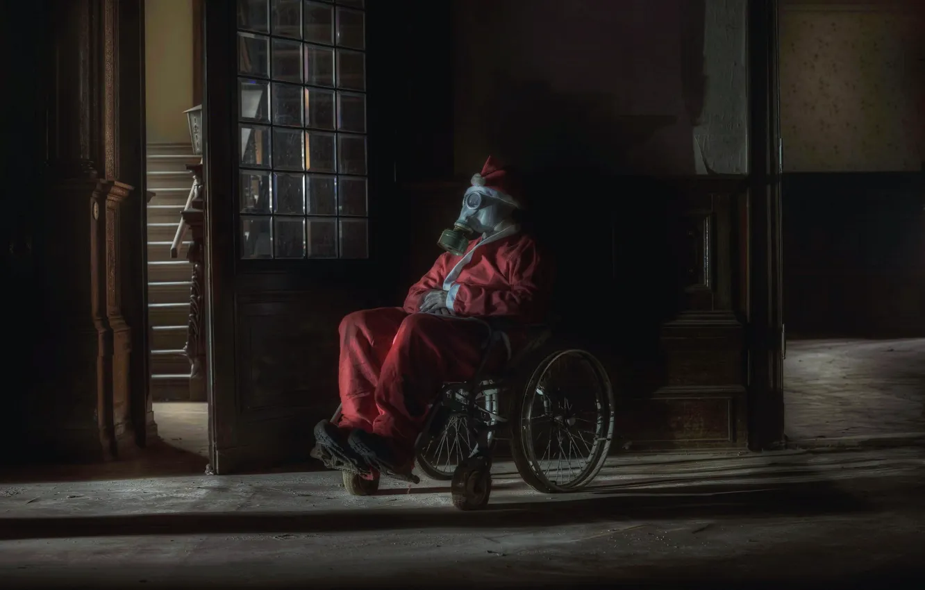Photo wallpaper stroller, gas mask, Santa Claus