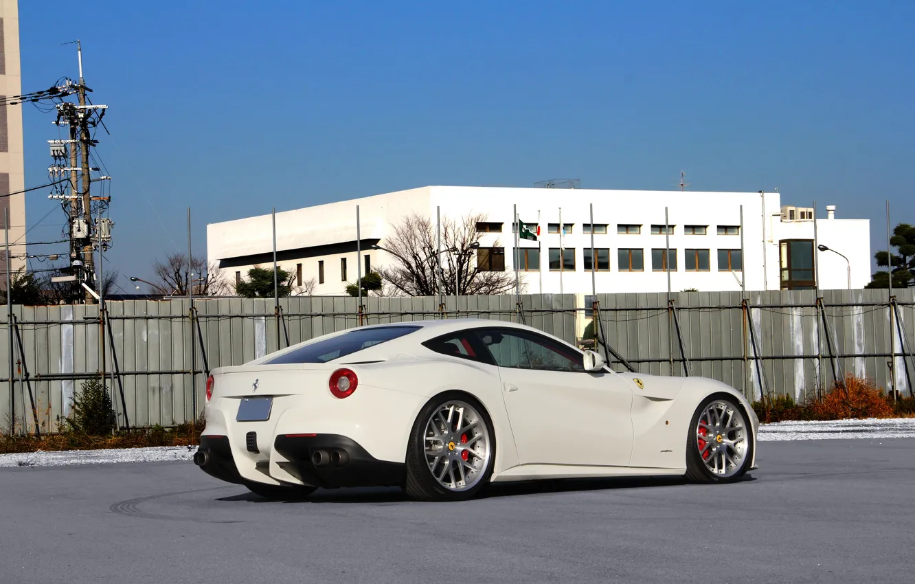 Photo wallpaper white, the sky, white, ferrari, Ferrari, rear view, Berlinetta, f12 berlinetta