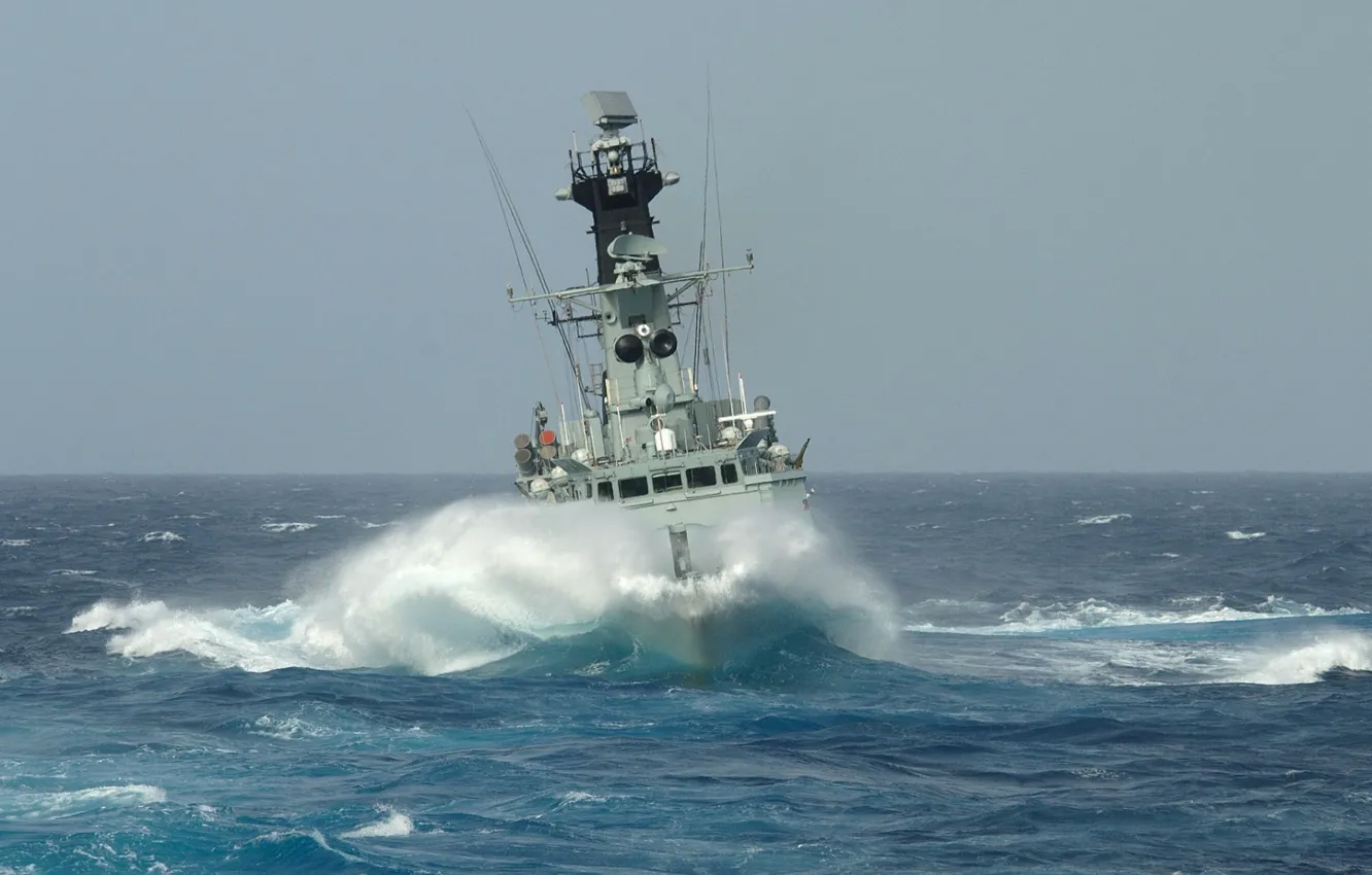 Photo wallpaper sea, wave, squirt, frigate, hdms peter tordenskjold