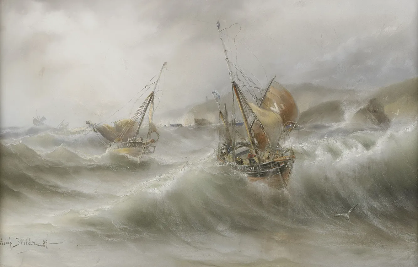 Photo wallpaper wave, storm, seagulls, Herman Gustav Sillen, The sea and ships, Swedish painting