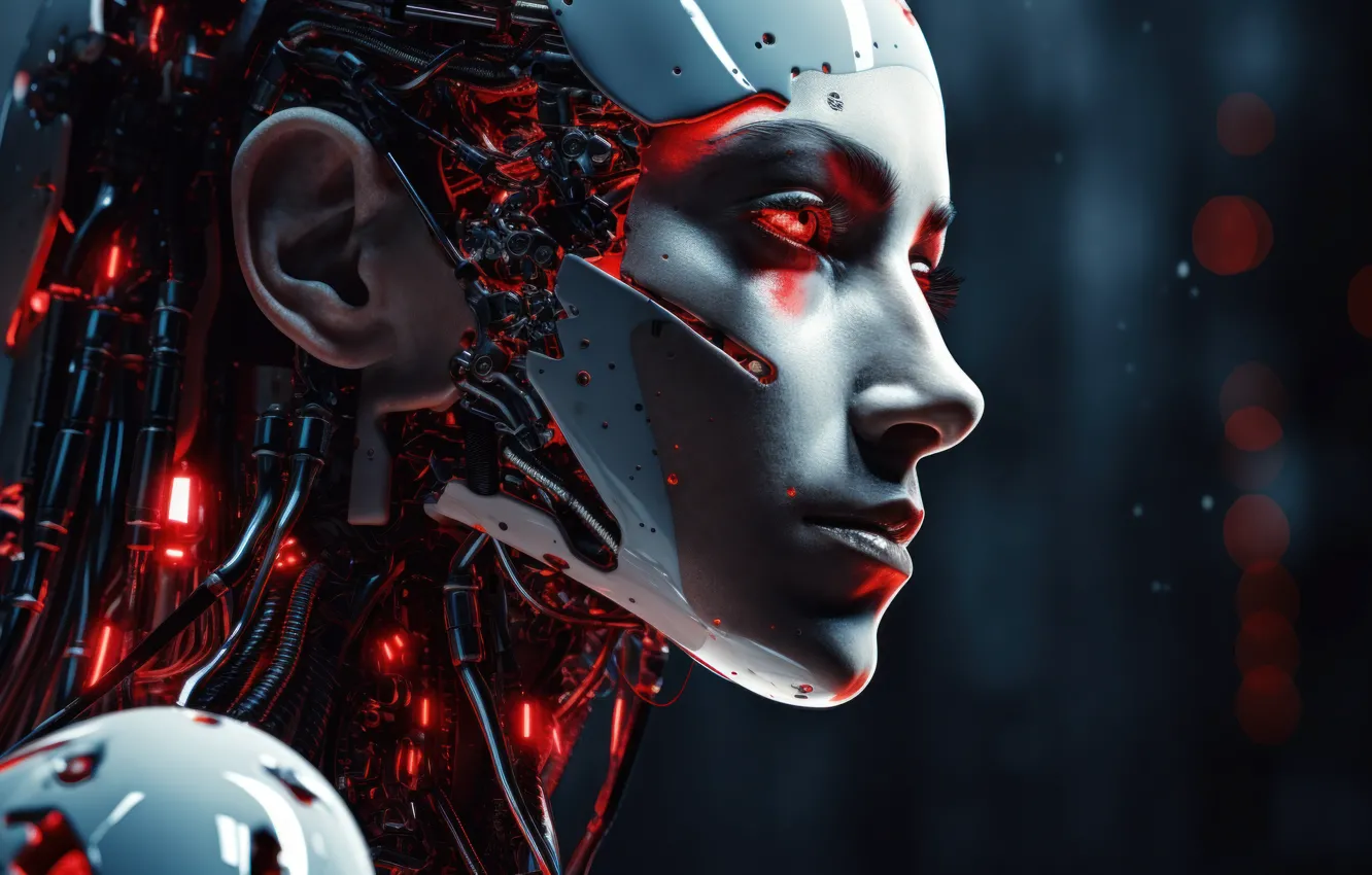 Photo wallpaper machine, face, wire, mechanism, robot, head, device, cyborg