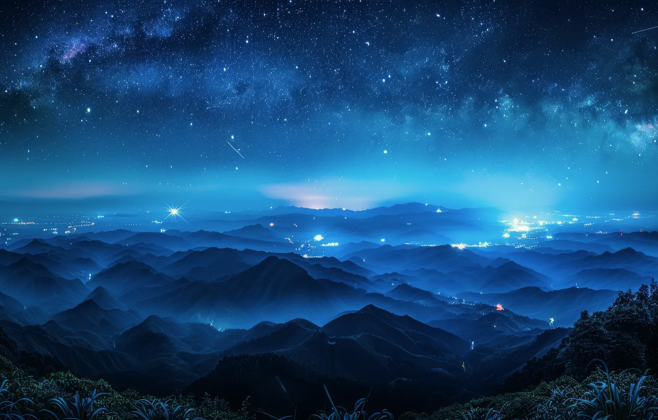 Photo wallpaper the sky, space, stars, light, mountains, night, lights, fog