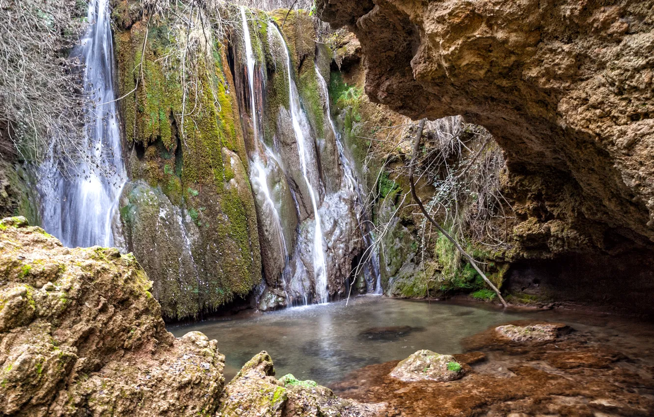 Photo wallpaper stones, rocks, waterfall, moss, Spain, Castilla la Mancha, Canete