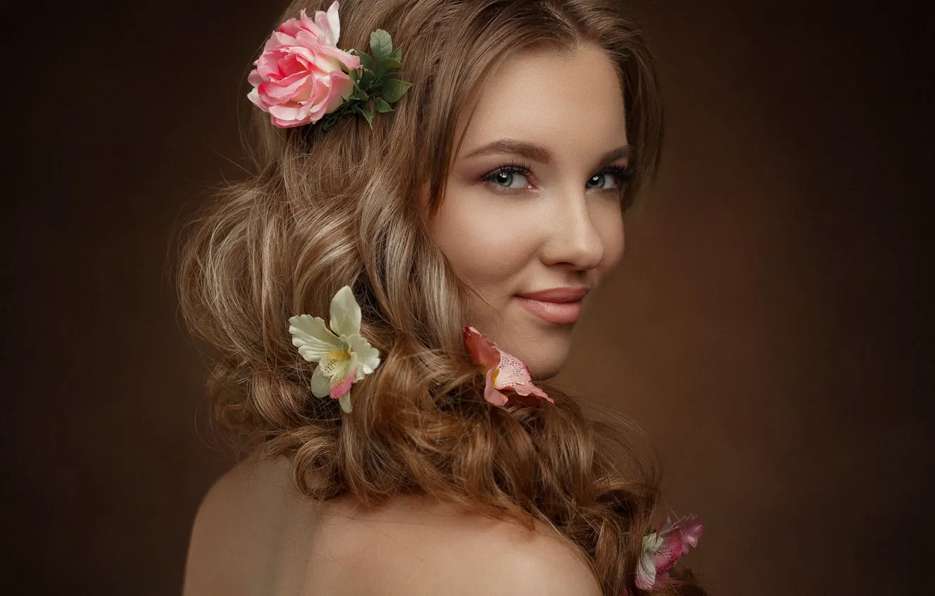 Photo wallpaper girl, flowers, face, smile, background, hair, portrait, shoulder, Ivan Kovalev, Sofia Lushpa