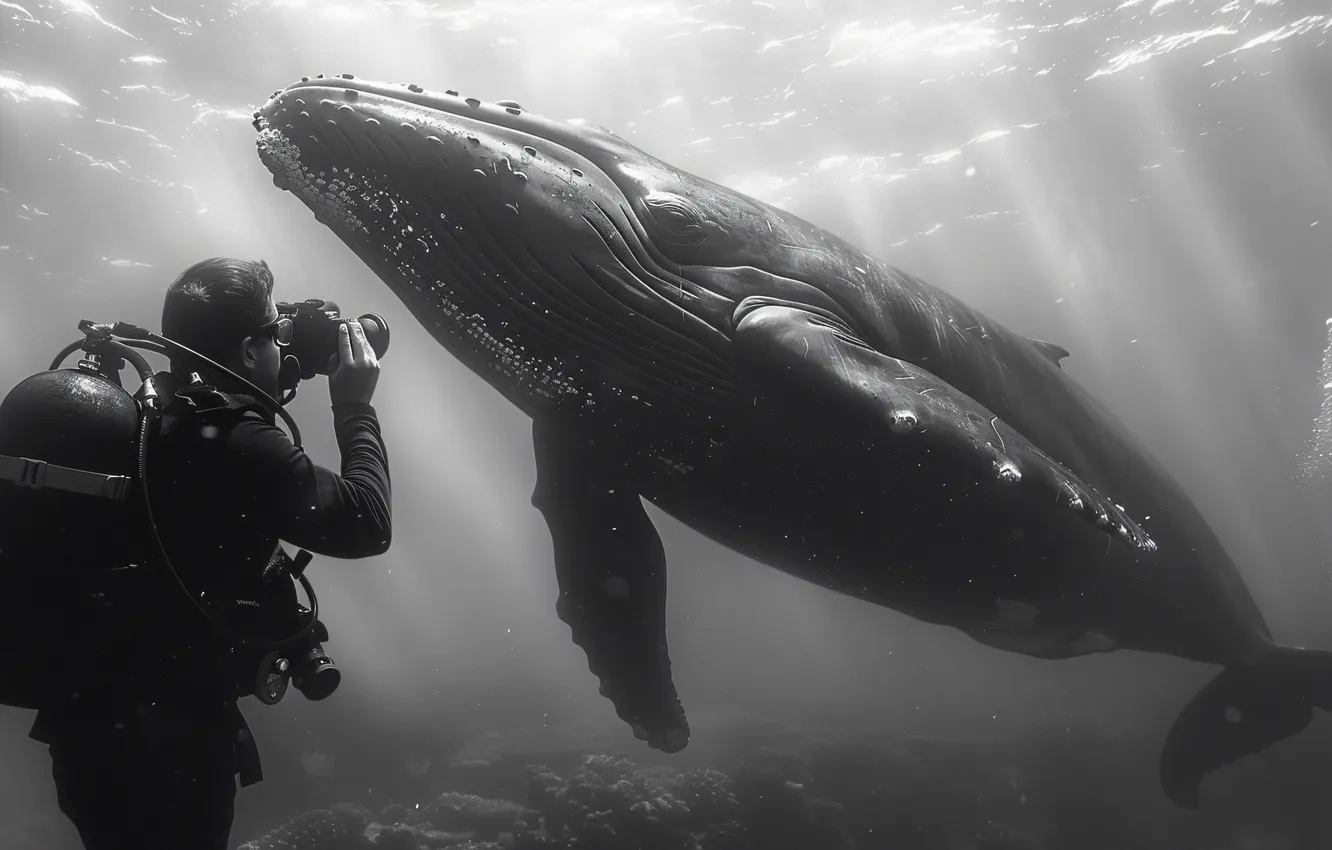 Photo wallpaper the diver, kit, the camera, black and white, underwater world, digital art, AI art, The …