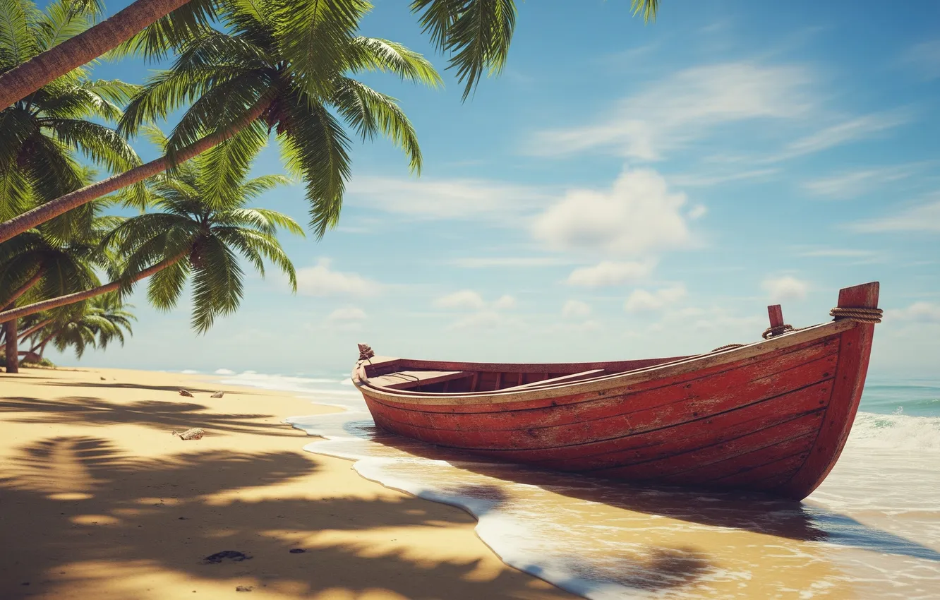 Photo wallpaper sand, beach, the sky, water, palm trees, Wallpaper, shore, boat