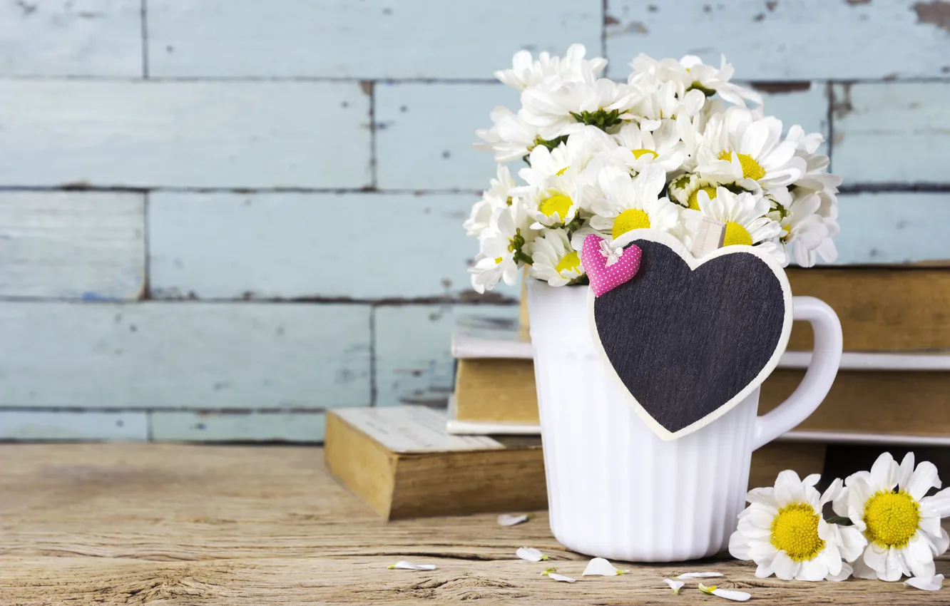 Photo wallpaper love, flowers, heart, chamomile, mug, love, heart, flowers
