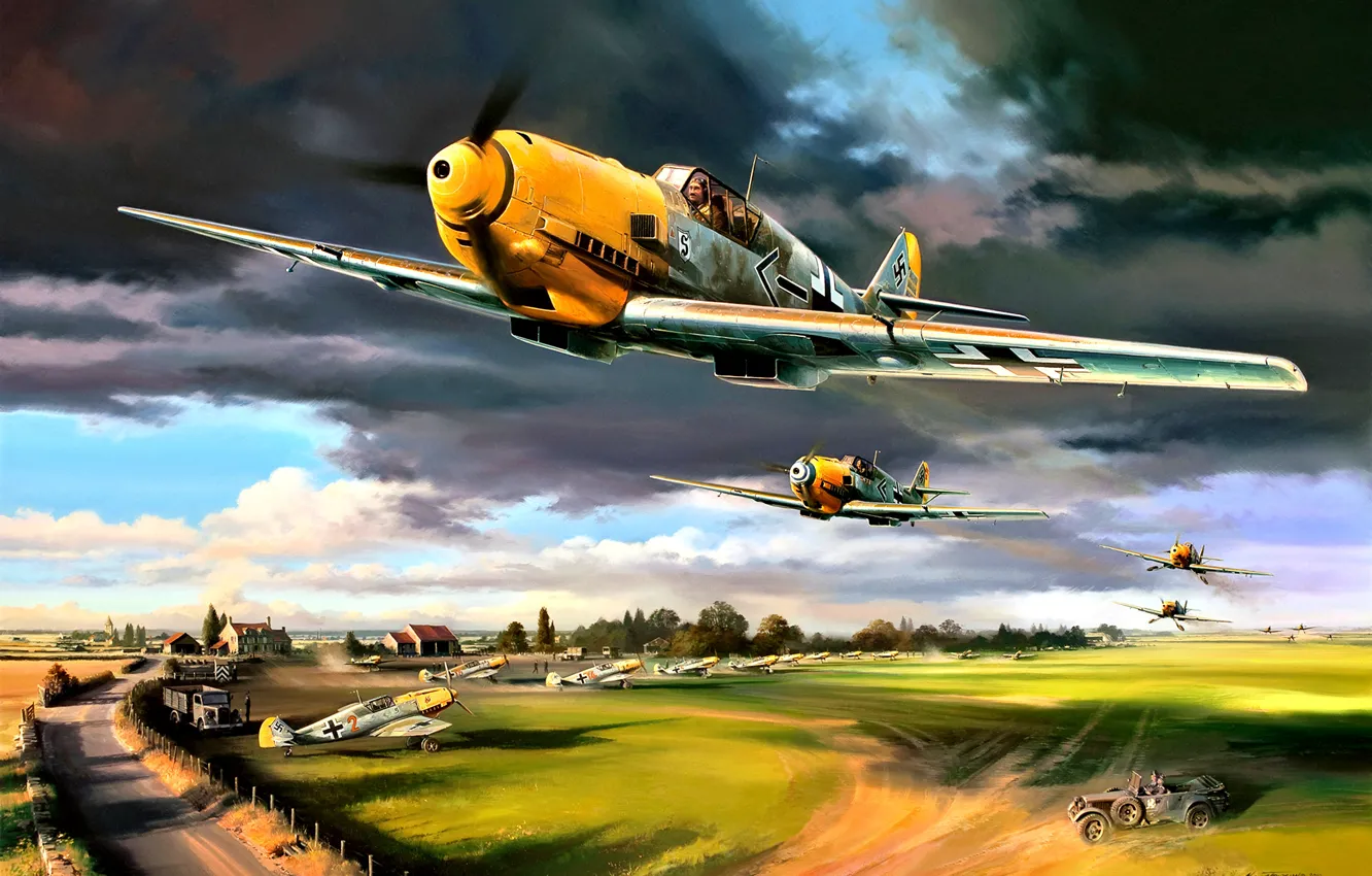 Photo wallpaper clouds, Trees, Messerschmitt, The airfield, JG26 Schlageter, cars, Bf.109E-4, Adolf Galland