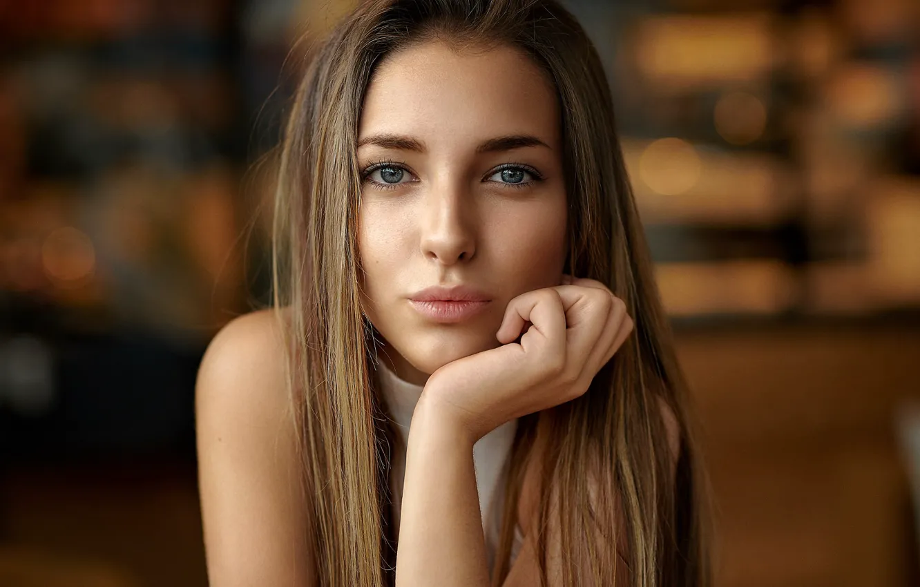 Photo wallpaper girl, Model, long hair, brown hair, photo, blue eyes, lips, face