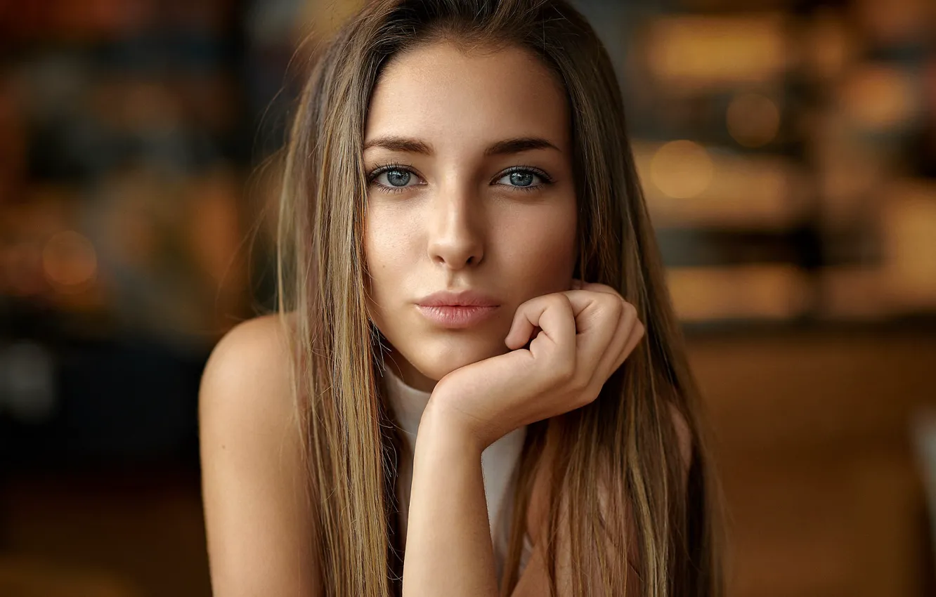 Photo wallpaper girl, long hair, brown hair, photo, blue eyes, model, lips, face