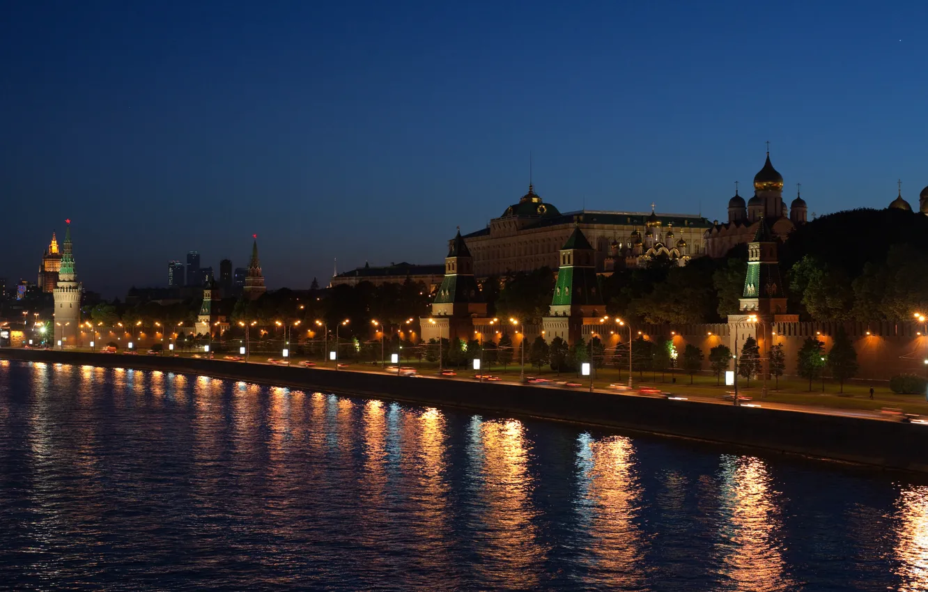 Photo wallpaper night, the city, lights, river, the Kremlin, promenade, lamps