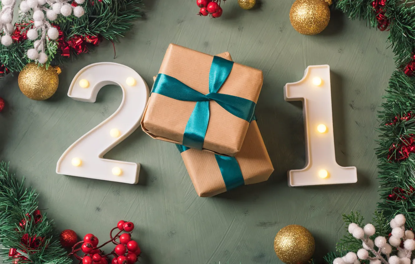 Photo wallpaper gift, gold, berries, new year decorations, branches, date, figures, holiday
