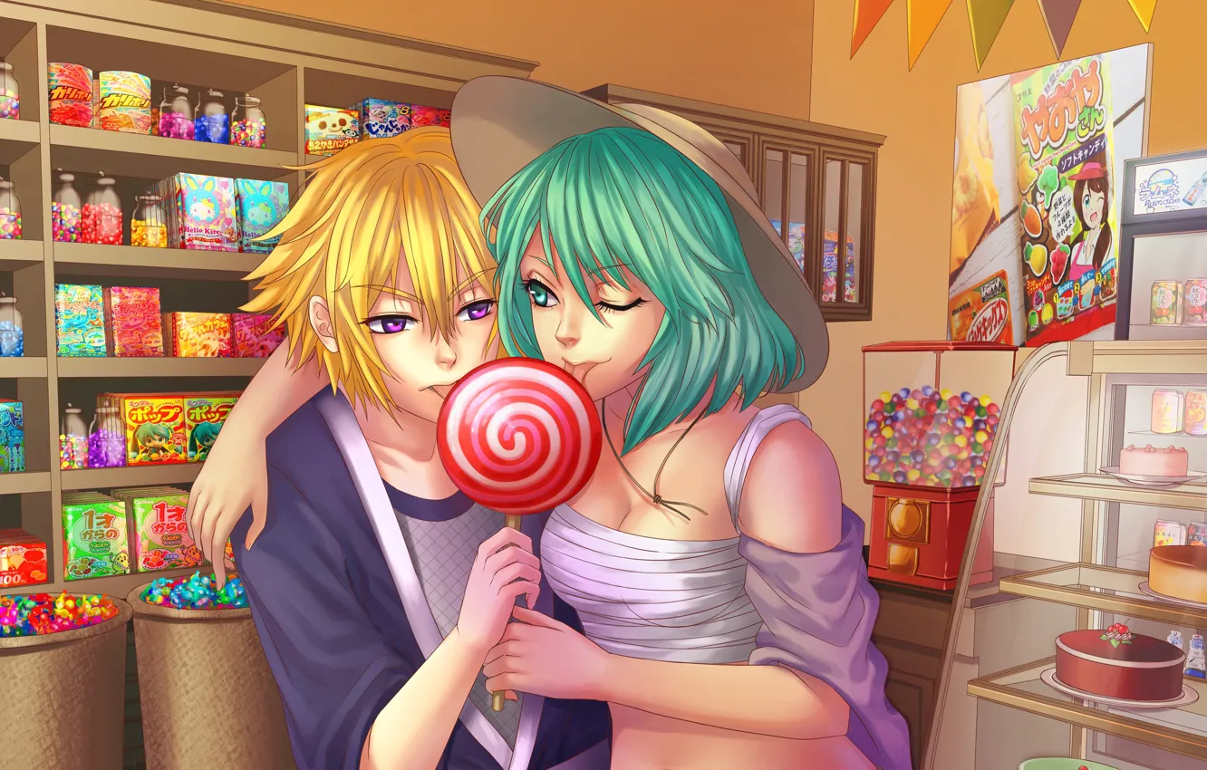 Photo wallpaper girl, sweets, guy, shop