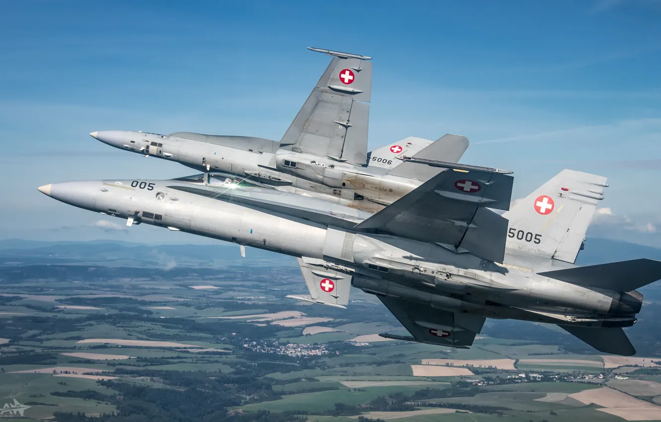 Photo wallpaper Horizon, Fighter, Pilot, The Swiss air force, F/A-18 Hornet, Cockpit, HESJA Air-Art Photography