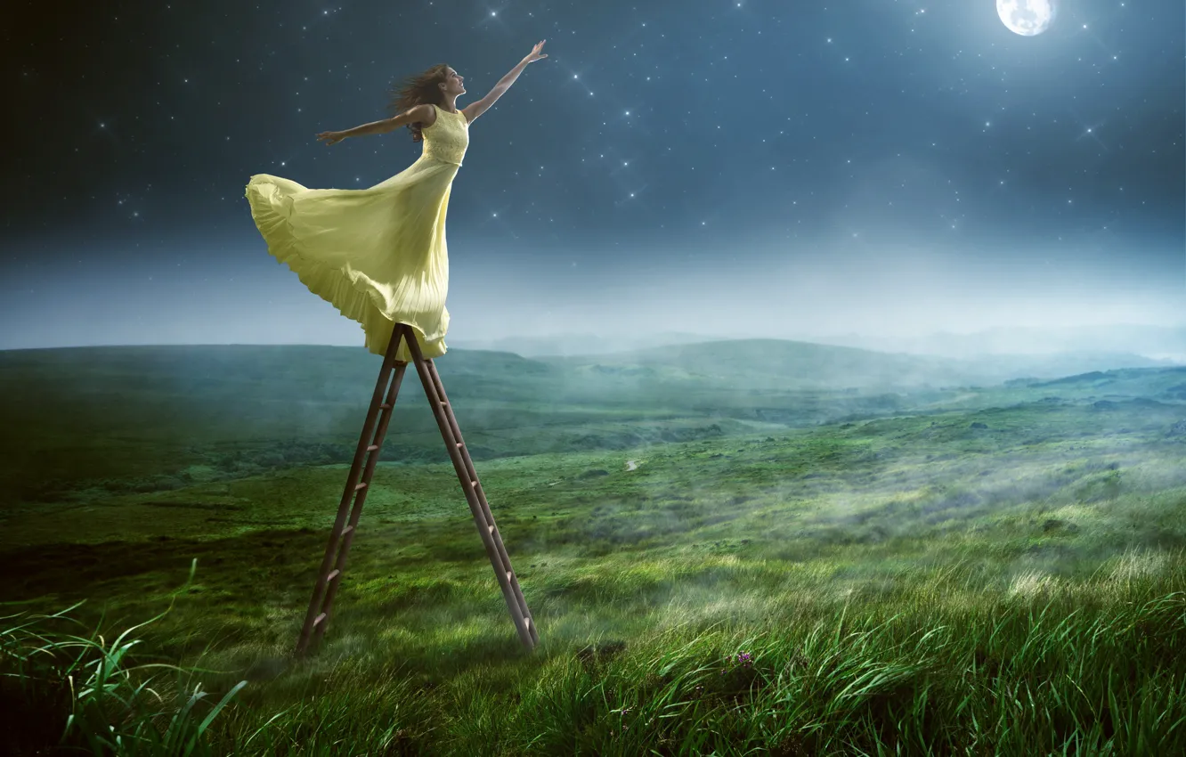 Photo wallpaper greens, field, the sky, grass, girl, stars, pose, fog