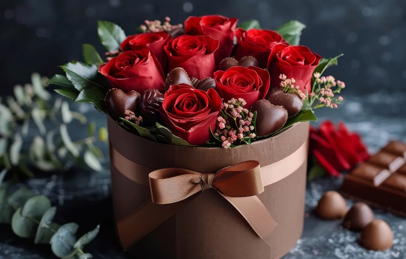 Photo wallpaper flowers, holiday, roses, bouquet, chocolates, AI art, universal holiday background, neural network
