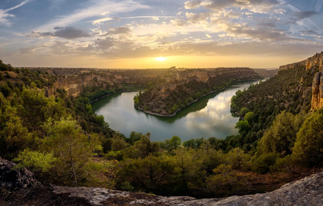 Photo wallpaper sunset, mountains, river