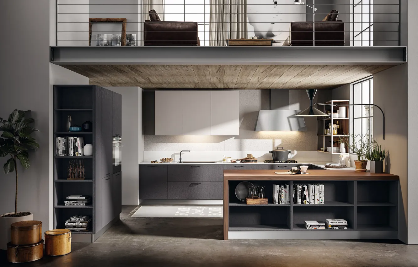 Photo wallpaper style, Villa, interior, Italy, kitchen, living room, dining area, Italian design