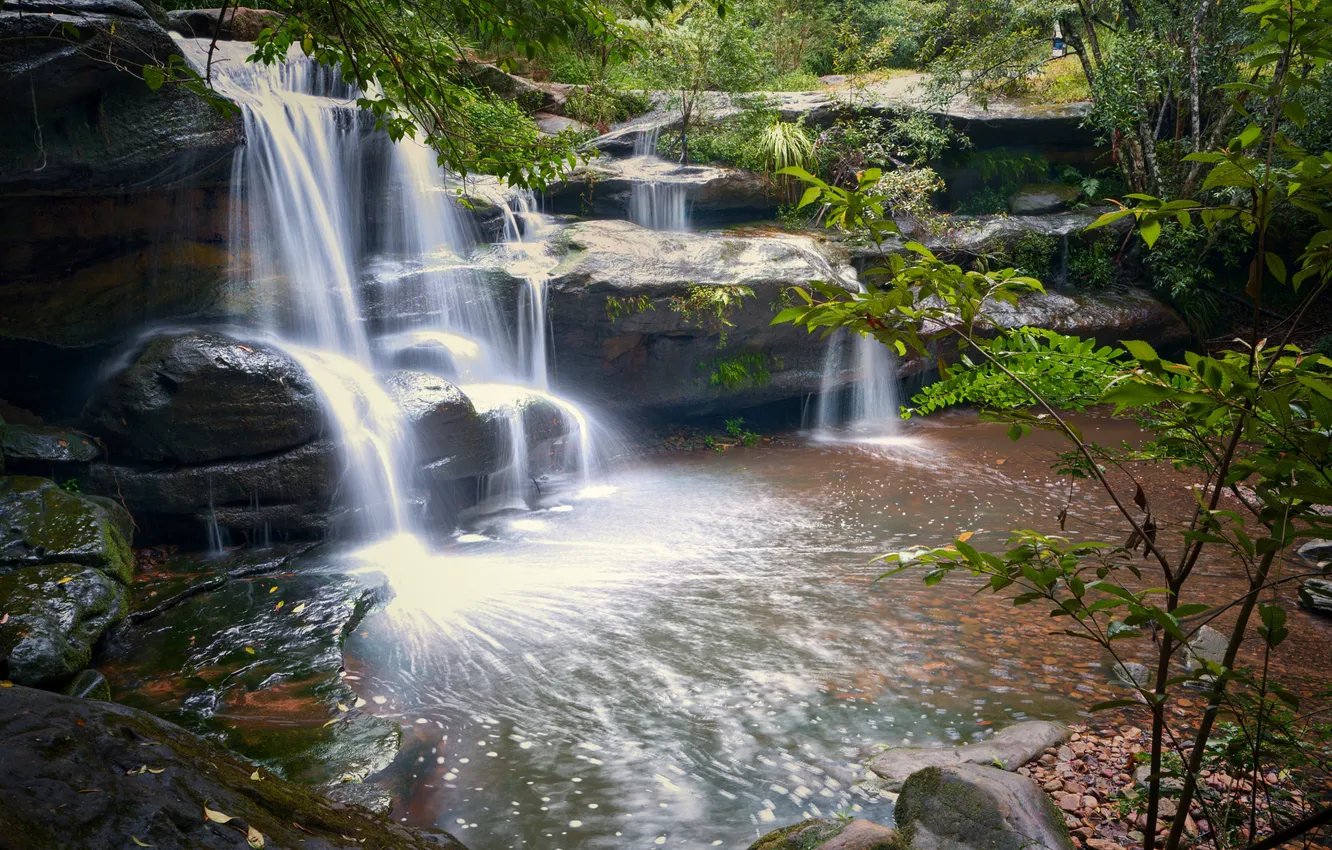 Photo wallpaper rocks, shore, waterfall, cascade
